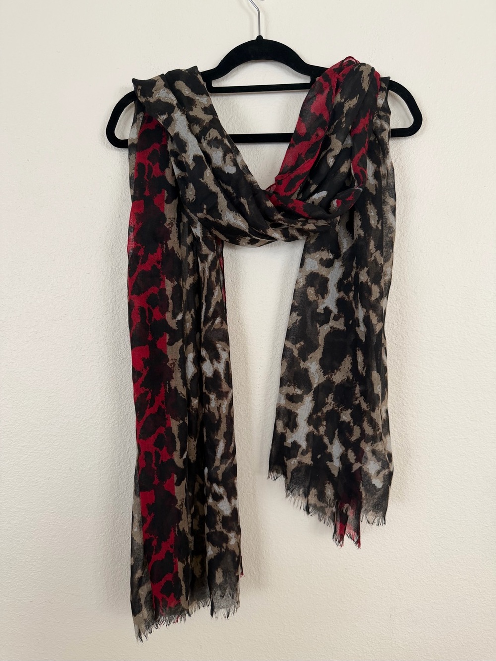 NICOLE MARCIANO SCARF Oversized Red Trim Leopard Fringe 78/27” Animal Print